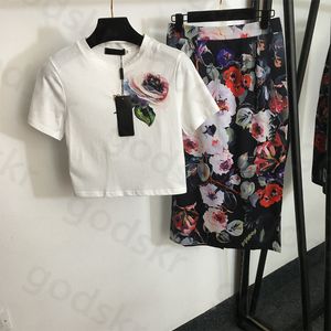 Slim Shirt Slit Half Skirt Women Flower Printing Crop Tops High Waist Hip Wrap Half Skirt T Shirt Skirt 2 Piece Set