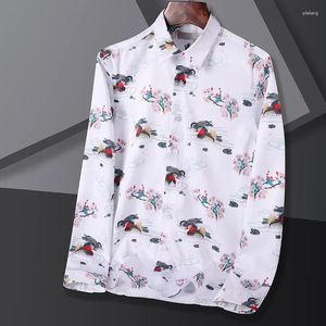 Camisas casuais masculinas moda homens manga longa turn-down colarinho flor impressão magro negócios trabalho roupas de casamento