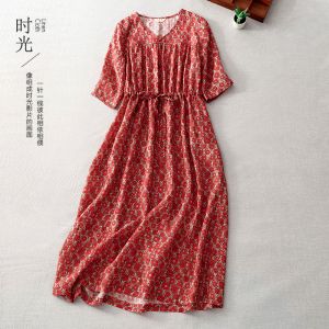 Dress Limiguyue Vintage Print Cotton Linen Women Dress Short Sleeve VNeck Drawstring Elastic Waist ALien Long Dresses Thin Red U408