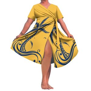 Vestido personalizado feminino, vestido de tribo havaiana, design de ilha, vestido de arte da ilha do pacífico, vestido feminino com decote em v, vestido de princesa de renda