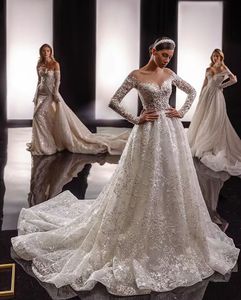 I più recenti abiti da sposa per la sposa a-riga a cuore maniche piene con perline con padiglione con padiglione vestidos de novis