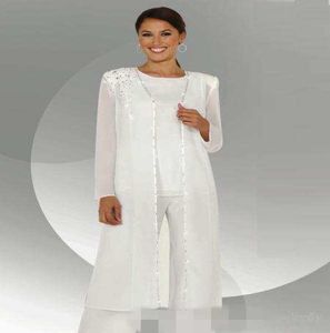 White Chiffon Long Sleeves Mother of the Bride Pant Suits With Long Blouse Sequins Beaded Mother of Groom Pant Suit4316842