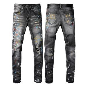 Amirj Jeans Designer Jeans Luxury Holeパッチセレブリティと同じスタイルメンズ刺繍パネルストレッチズボンパープルリッピングアミールジーンズ