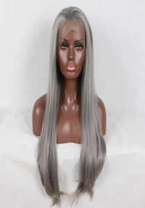 Fantasy Beauty 180 Platinum Silver Grey Straight Synthetic Lace Front Perücke Glueless Hitzebeständiges Haar für Afroamerikaner7864924