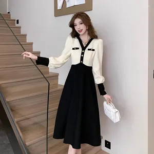 Casual Dresses Elegant French Autumn Spring Office Ladies Midi Dress Fashion Women Sexy V Neck Metal Buttons Lantern Sleeve High Waist