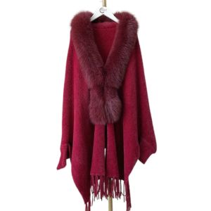 Fur Zdfurs* 2022 New Women's Mink Wool Knitted Cardigan Fur Shawl Fox Fux Fur Collar Midlength Tassel Winter Thick