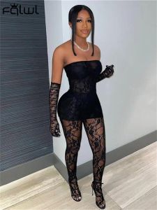 Ternos Habbris Primavera Sexy Lace Skinny Two Piece Define Night Club Outfit para as mulheres 2023 Preto Sheer Strapless Crop Top Pants Define Feminino