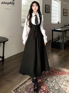 İş elbiseleri Setler Kadın Preppy Style kolsuz moda Midi Zarif Basit Klasik Gömlekleri Öğrenci Tatlı Kore İnce İki Parçası