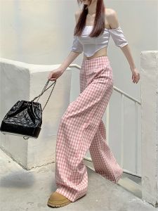 Capris Deeptown Korean Fashion Pink Plaid Pants Women Y2K Fairycore Sweet Checked Extized Harajuku Girly Wide Leg Ounsers
