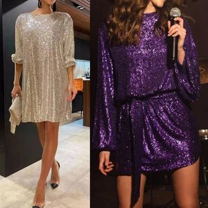 Womens Puff Long Sleeve Glitter Sequin Dress with Belt Evening Wedding Bridesmaid Sparkly Loose Fit Mini Short Dresses240305