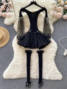 Vestido de malha erótica de malha erótica de lingerie esbelta de pijamas vestido de manga comprida Aline