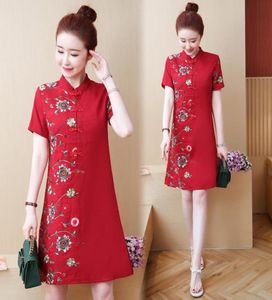 Partykleider Sommer Baumwolle und Leinen Stickerei Verbesserte Cheongsam Kleid Vintage Floral Kurzarm Mini Frauen Rot Schwarz7888203