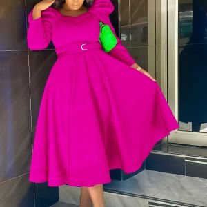 Dress Autumn Winter Fashion Elegant Bubble Sleeve Party Dress African Women Solid Round Neck Long Sleeve Belt Aline Dress Women