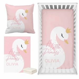 LVYZIHO Rosa niedlicher Schwan-Bettlaken-Set mit individuellem Namen, Babybett-Bettwäsche-Set, Babyparty-Geschenk-Bettwäsche-Set 240229