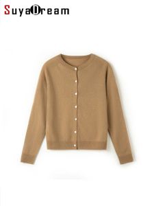 Cardigans SuyaDream Woman 100%Sheep Wool Cardigans Singe Breasted O Neck Plain Knitted Jackets 2023 Fall Winter Simple Sweater Camel Black
