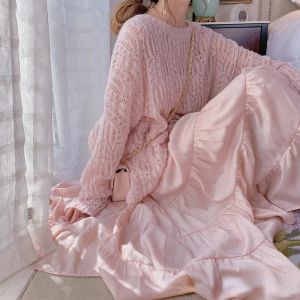 Pullover lavorato a maglia oversize estetico maglione rosa donna 2021 moda primaverile sexy trasparente scavato pigro Harajuku Vintage Pullover Top