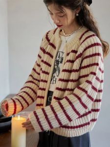 カーディガン縞模様のカーディガンの女性秋の韓国スタイルニットセーター女性ビンテージルーズジッパーカーディガンレディースカジュアルニットウェアコート