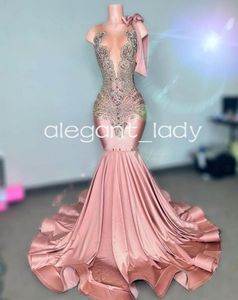 Rose Pink Long Mermaid Evening Formal Dresses for Women 2024 Sparkly Diamond Crystal Black Girl Prom Birthday Gala Gown