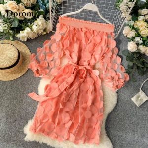 Klä sexig av axel 3D Flower Mesh Mini Dress Women Korean Style Laceup Puff Sleeve One Piece Dress Female Vintage Party Vestidos