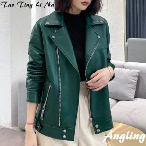 Jackor Tao Ting Li Na äkta fårskinnjacka Kvinnor Ny Loose Real Leather Locomotive Jacket R5