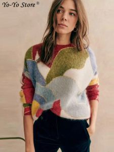 Kolorowe patchwork w dziedzinie Sweter Kobiety Kobiety z długim rękawem One Warm Female Pullover Autumn Casual Y2K Streetwear Sweters
