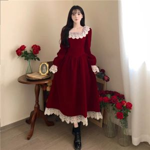 Elbise Noel Elbise Vintage Dantel Ekleme Altın Velvet Kırmızı Uzun Elbise Zarif İnce Akşam Elbisesi Şık ve Basit 2023 Sonbahar Yeni