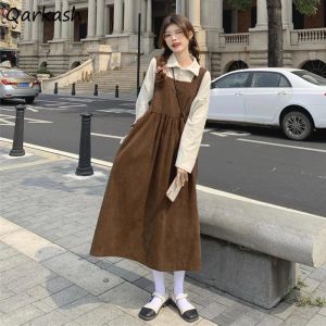 Abito senza maniche Abito da donna Autunno Nuovo dolce Abiti midi retrò Stile preppy Kawaii Design impero allentato Bretelle con cintura Abiti Ragazza