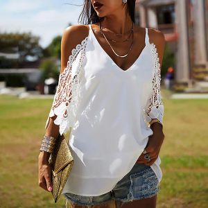 Camis Women Sexy Off Shoulder Lace Hollow out Tank Top Summer Y2k Tee Shirts V Neck Tank Top Long Camisole Ladies Loose Blusas