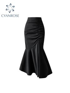 Skirt Black Women Ruched Vintage Skirt Elegant French Casual High Waist Streetwear Office Ladies Trumpet Female Party Court Skirt Y2k