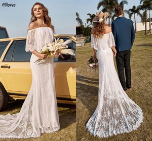 Bateau Neck Off Shoulder Mermaid Wedding Dresses Rustic Country Bohemian Lace Chic Bridal Gowns Sweep Train Dragkedja Beack Bride Women Long Vestidos de Novia Cl3353