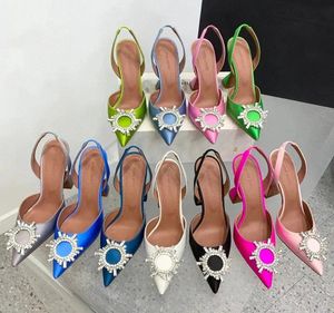 Designer sandaler amina muaddi klänningskor satin spetsiga slingbacks bowtie pumpar kristallsunflower högklackade sko 9,5 cm kvinnors lyxiga sexiga fest bröllopskor 10 cm