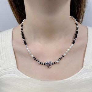 Fashion Vintage Freshwater Pearl Love Necklace Palace Black Agate Collarbone Chain Light Luxury High-End Banquet Charm Trend