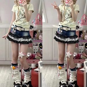 Rock Harajuku Mädchen Y2K Weiche Mädchen Denim Kuchen Hosen Jeans Patchwork Spitze Müde Kuchen Rockhosen Pannier AFC2378