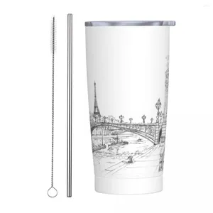 Bicchieri E-Torri Eiffel Bicchiere in acciaio inossidabile Ponte Tazza da caffè da campeggio con cannucce e coperchio Tazze grandi per auto Bevande Bottiglia d'acqua