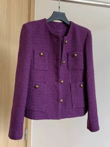 Kurtki nowa vintage tweed fioletowa kurtka Kobiety eleganckie eleganckie wełniane płaszcz z długim rękawem koreańsko -mody jesienne zima