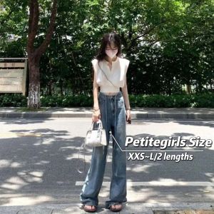 150cm Petite Girls American Straight Wide Leg Jeans Women Design Sense Waist Drawstring Floorlength Pants XS Appear High