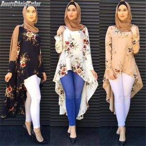 Tops Women Floral Short Dress Muslim Casual Irregular Shirts Islamic Abaya Kaftan Turkey Arab Fashion Long Sleeve Tops Blouse S2XL