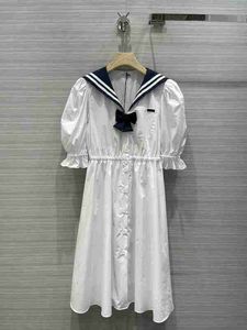 designer Shenzhen Nanyou Miu family Navy style waist shirt dress petal sleeve medium length skirt female AAAZ