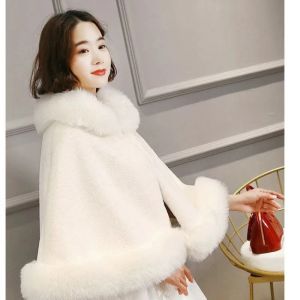 Fur Women Hooded Capes Cloak Winter Thick Warm Hoodie Fur Shawl White Red Black Wedding Dress Bride Fur Cape Ponchos Thicken