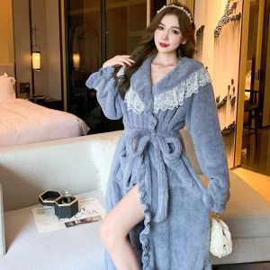 Klänningar 2022 vinterlång ärm tjock varm flanell kimono kläder för kvinnor söta spets badrockar sömnkläder badrock nattdress nattklänning
