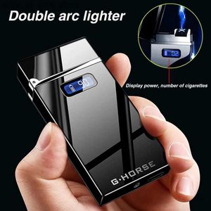Lighters Smart chip electric double arc USB light outdoor windproof pulse plasma flameless digital power display light mens gift Q240305