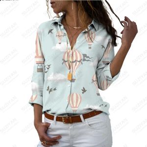 Camisa feminina balão de ar flor impressão casual fim de semana pintado camisa manga longa básico férias moda chiffon camisa respirável