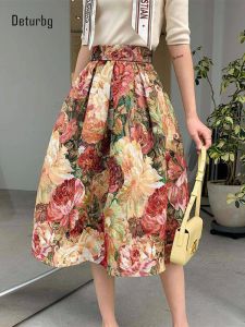 kjol kvinnors vintage oljemålning blommig kjol koreansk mode hög midjefickor jacquard förtjockade kjolar sxxxl 2023 våren k219