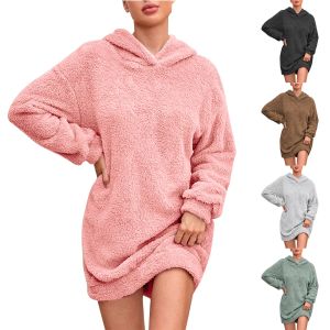 Klänning solid fluffig plysch hoodie klänning för kvinnor höst och vinter lång ärm varm fleece hooded pullover sweatshirt klänning vestidos