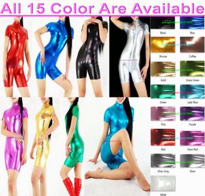 Mulheres Sexy Collants Body Terno Trajes Com Frente Long Zip 15 Cor Brilhante Lycra Metálico Curto Catsuit Traje Unisex Halloween Part8217684