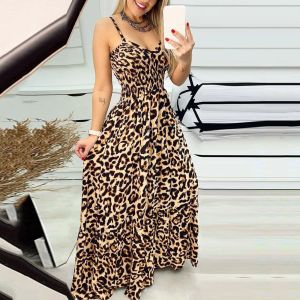 Dress Leopard Print VNeck Sexy Long Dress Women Elastic Waiste Slim Backless Summer Dresses Female Straps Party Beach Maxi Vestidos