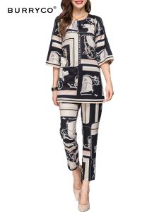 Klänning Burryco Summer 2023 Casual Style Style Name Slow Printing Pärlad rund hals 7/4 Sleeve Style Two Piece Set