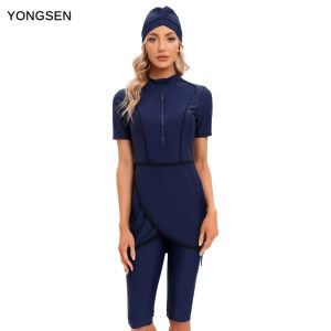 Bär Yongsen Kvinnor Modest Hijab Muslim Swimsuit Islamic Swim Wear Burkini med Swim Hat Sport Swimwear Ladies Short Sleeve Print Mode