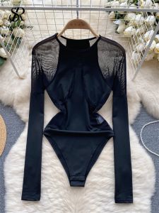 SINGREINY Sheer Mesh Sexy Bodysuit Dessous O Neck Long Sleeves Sinnlich Open Crotch Transparent Hollow Out Shapewear Playsuit Suits