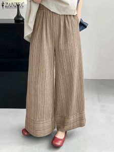 Capris ZANZEA Woman Fashion Wide Leg Pants Casual Stripe Printed Trousers Elegant Loose Long Pantalon Vintage Work OL Palazzo Oversized